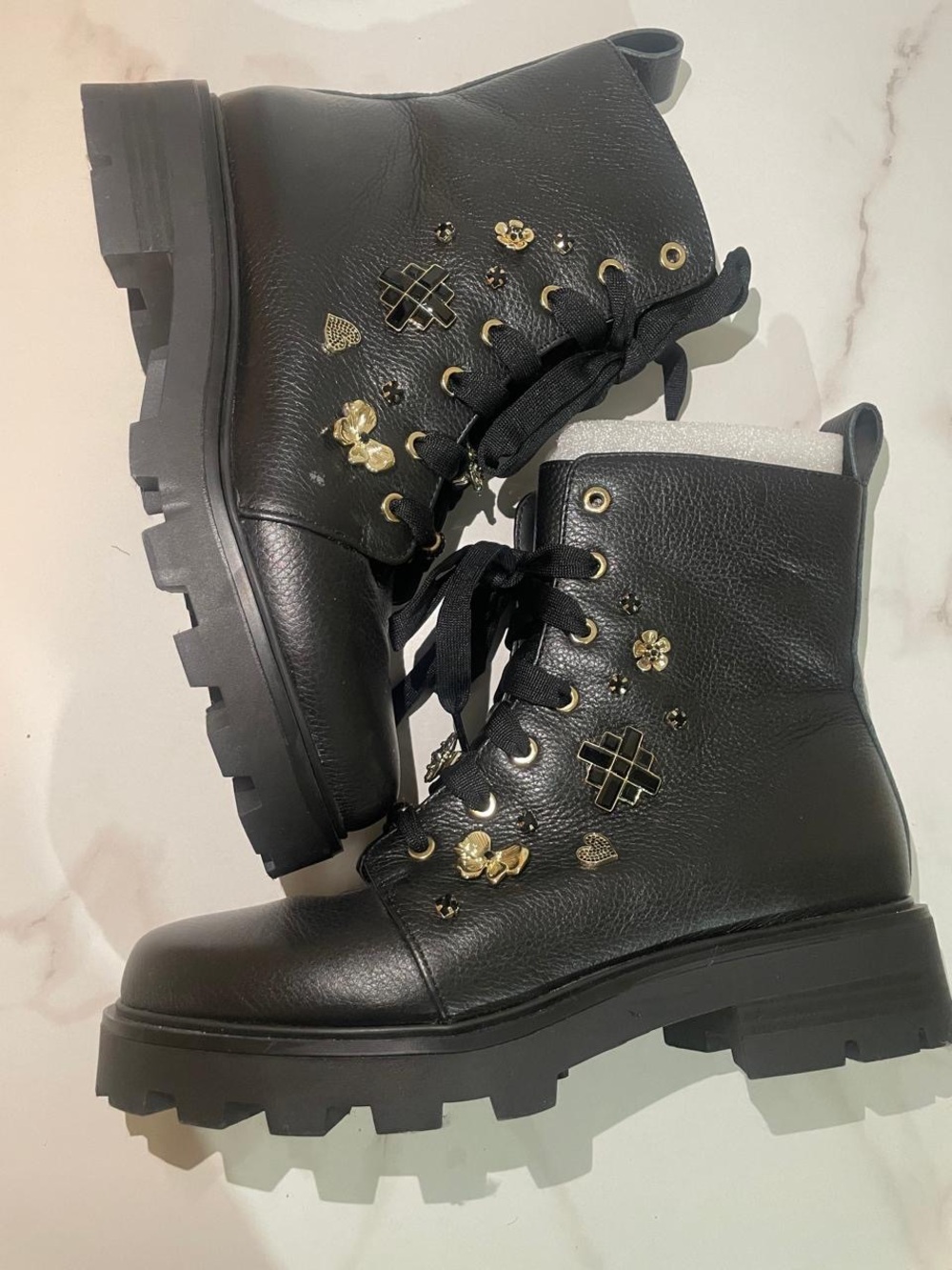 Karl Lagerfeld Black Leather Embellished Lace-Up Combat Boots